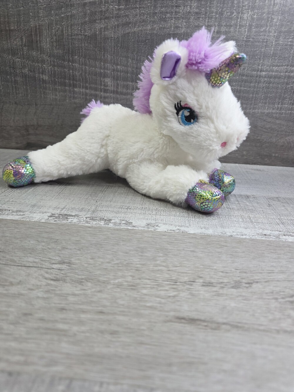 Aurora White Putple Unicorn Plush Purple Sparkly Feet Stuffed Animal b142